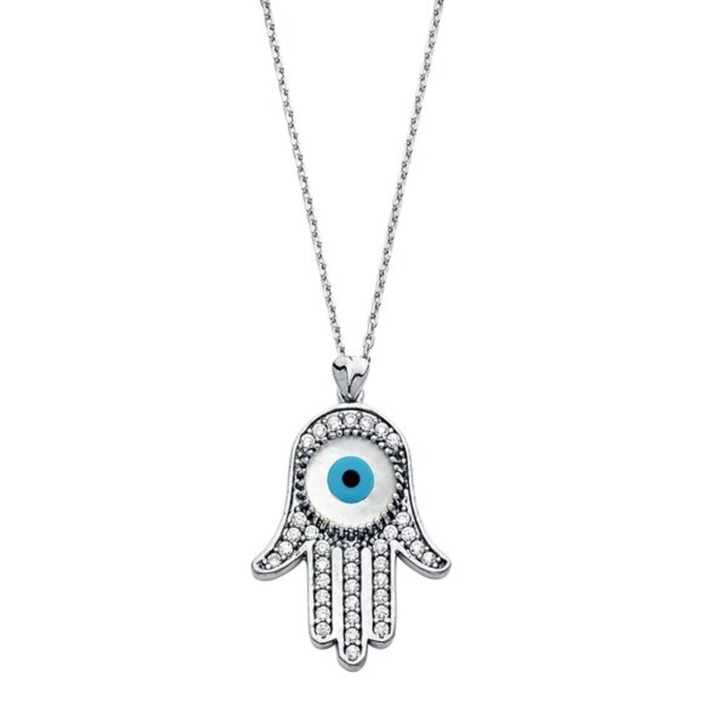 New 14K White Gold or Yellow gold  Evil Eye Hand Hamsa Necklace 18”